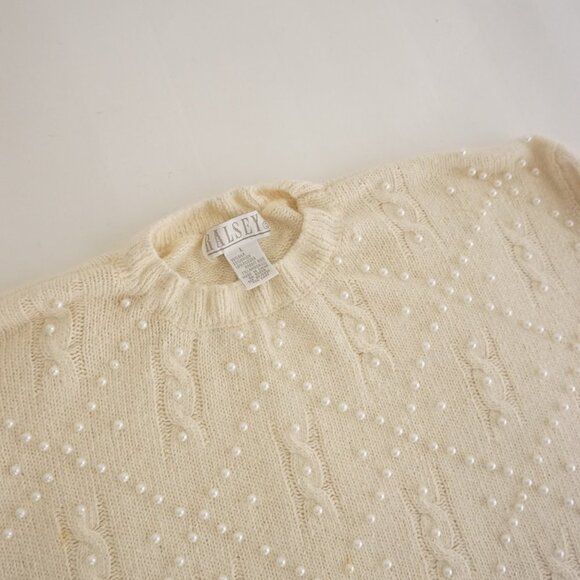 Vintage Ralsey Cream Knit w Pearls Beaded 56% Silk 10% Angora Sweater L - Picture 10 of 13